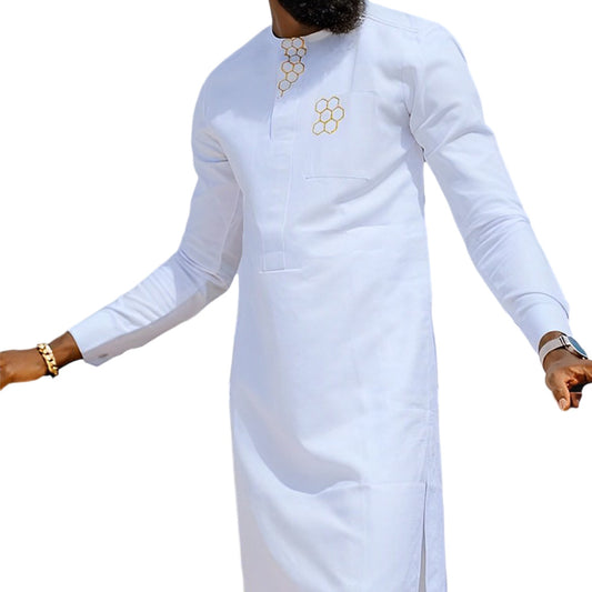 African Men's Solid Color White Suit Dashiki Style