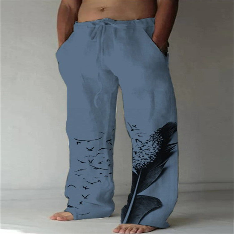 Men's Cotton Linen Printed Drawstring Elastic Trousers