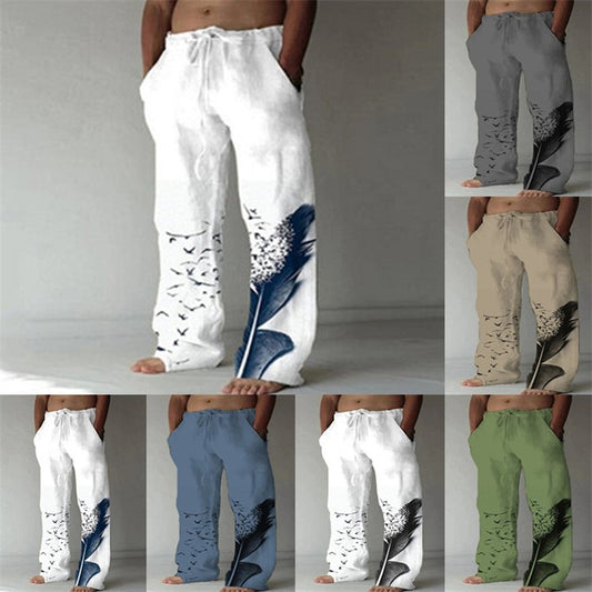 Men's Cotton Linen Printed Drawstring Elastic Trousers
