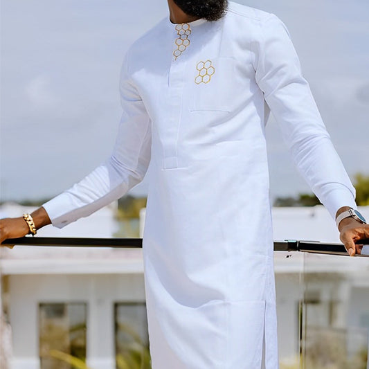 African Men's Solid Color White Suit Dashiki Style
