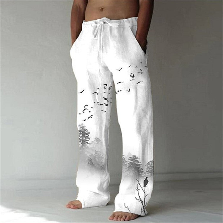 Men's Cotton Linen Printed Drawstring Elastic Trousers