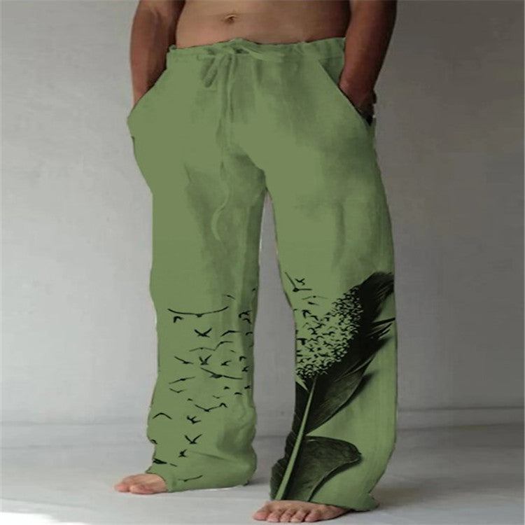 Men's Cotton Linen Printed Drawstring Elastic Trousers