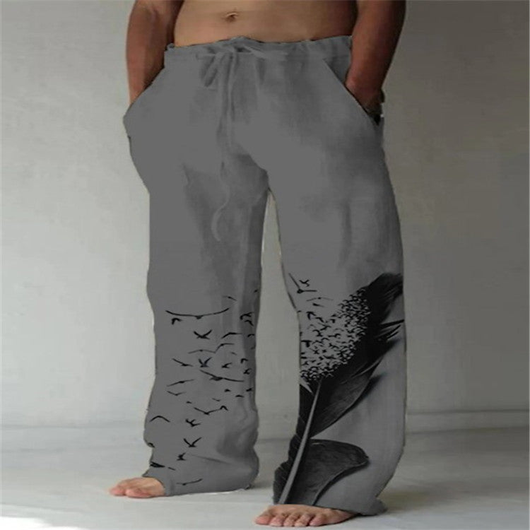 Men's Cotton Linen Printed Drawstring Elastic Trousers