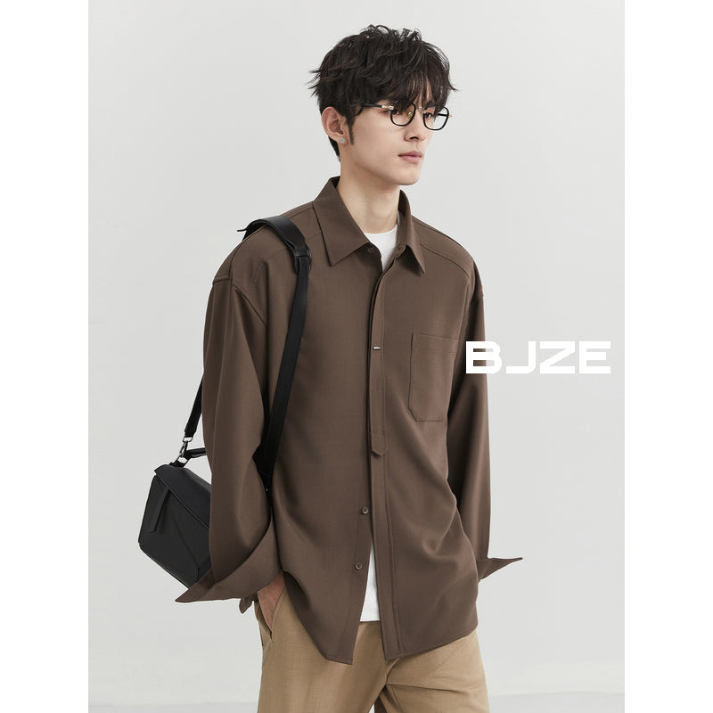 [Classy Stylish] Bjze Men's Clothing 25 Spring and Autumn Long Sleeves Inner Wear Shirt Pure Color K-style Work Clothing Loose Tops