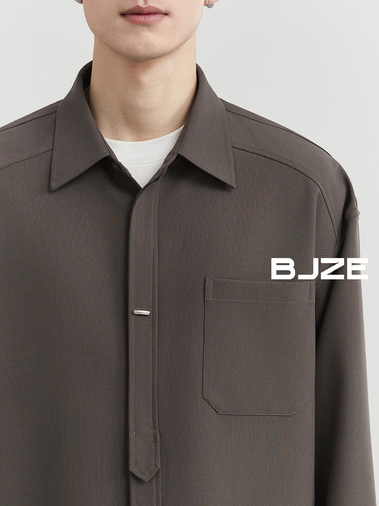 [Classy Stylish] Bjze Men's Clothing 25 Spring and Autumn Long Sleeves Inner Wear Shirt Pure Color K-style Work Clothing Loose Tops