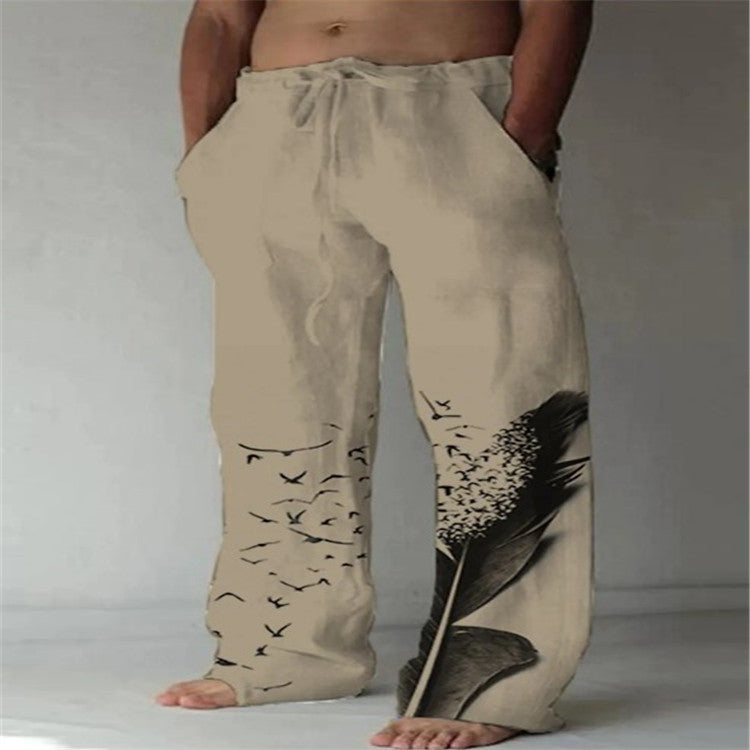 Men's Cotton Linen Printed Drawstring Elastic Trousers