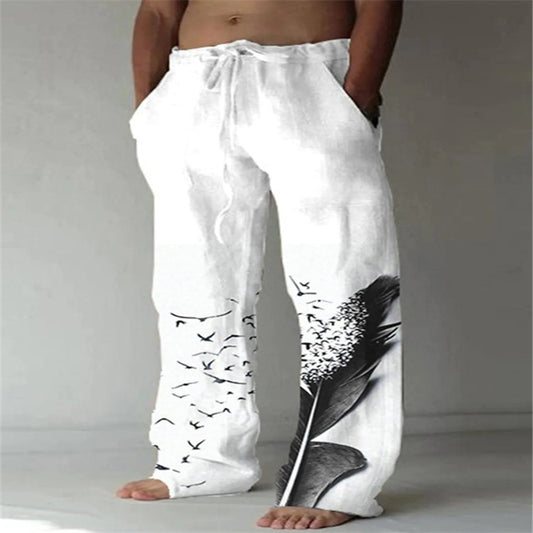 Men's Cotton Linen Printed Drawstring Elastic Trousers
