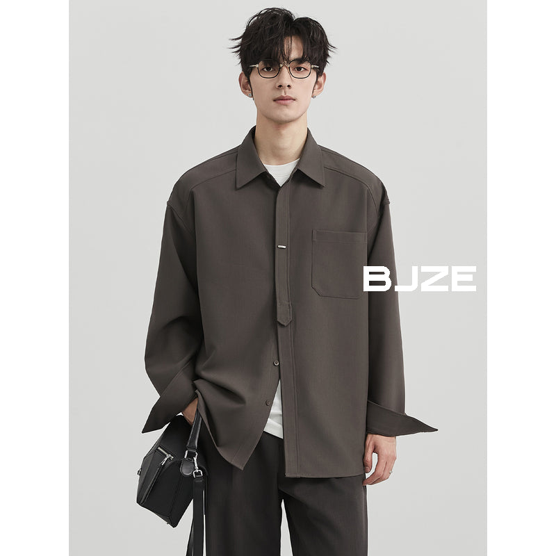 [Classy Stylish] Bjze Men's Clothing 25 Spring and Autumn Long Sleeves Inner Wear Shirt Pure Color K-style Work Clothing Loose Tops