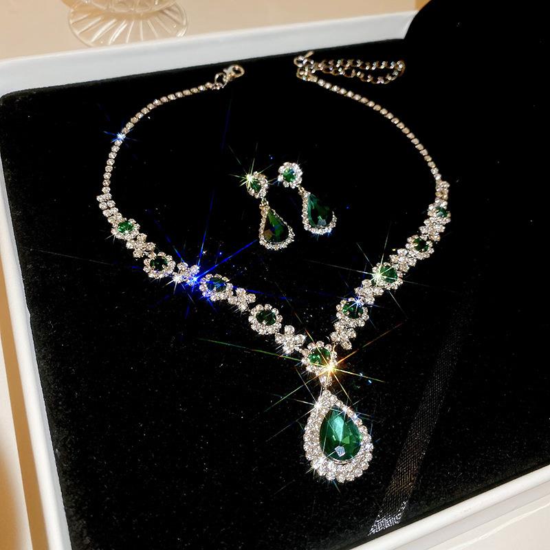 Water Drop Zircon Shining Diamond Formal Dress Accessories Earrings and Necklace Set Fancy Light Luxury Minority Necklace Clavicle Chain Female