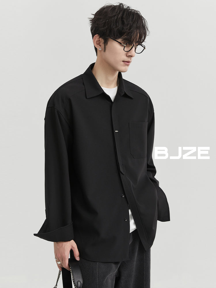 [Classy Stylish] Bjze Men's Clothing 25 Spring and Autumn Long Sleeves Inner Wear Shirt Pure Color K-style Work Clothing Loose Tops