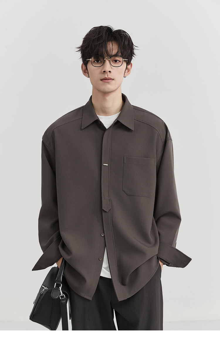 [Classy Stylish] Bjze Men's Clothing 25 Spring and Autumn Long Sleeves Inner Wear Shirt Pure Color K-style Work Clothing Loose Tops