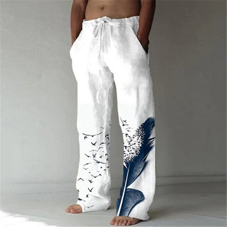 Men's Cotton Linen Printed Drawstring Elastic Trousers