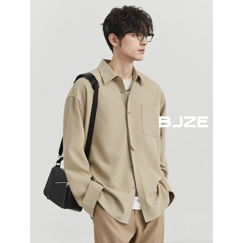 [Classy Stylish] Bjze Men's Clothing 25 Spring and Autumn Long Sleeves Inner Wear Shirt Pure Color K-style Work Clothing Loose Tops