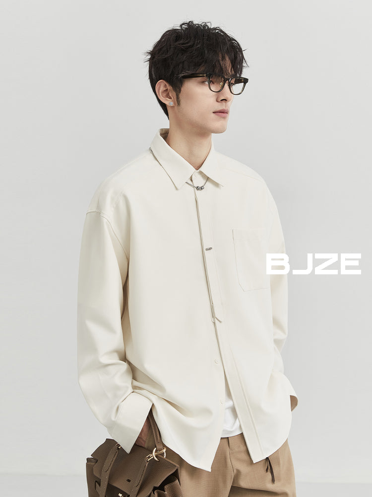 [Classy Stylish] Bjze Men's Clothing 25 Spring and Autumn Long Sleeves Inner Wear Shirt Pure Color K-style Work Clothing Loose Tops