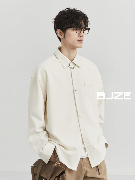 [Classy Stylish] Bjze Men's Clothing 25 Spring and Autumn Long Sleeves Inner Wear Shirt Pure Color K-style Work Clothing Loose Tops
