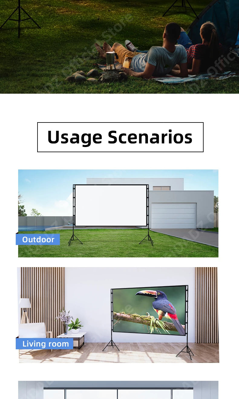 VEIDADZ Projector Screen With Stand Soft White Less Creases 60 84 100 120in With Carry Bag Foldable Double Tripod Screen Outdoor