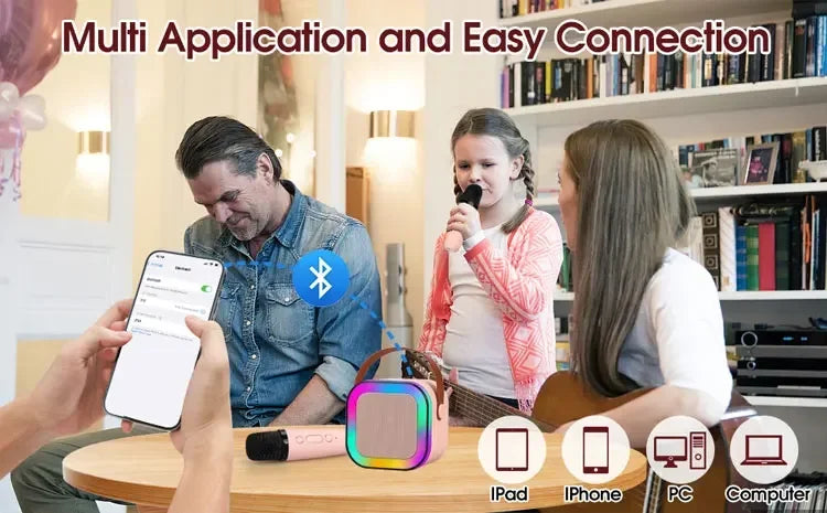 K12 Portable Bluetooth Karaoke Machine with 5.3 PA Speaker System 1-2 Wireless Microphones Home Family Singing Children's Gift
