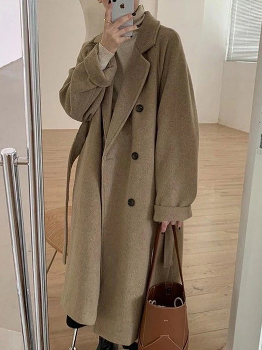 Winter Woolen Coat Women Thicken Long Jacket Casual Loose Fashion Windbreaker Outerwear Female Vintage Oversize Lapel Streetwear