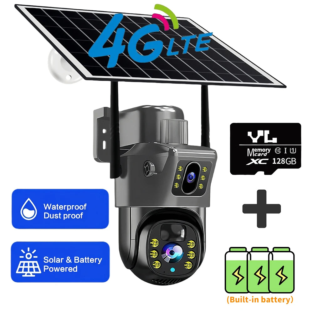 Dual Lens Solar 4G IP Camera 8MP 4K Wireless Surveillance Camera WiFi for Smart Home Night Vision with People Detection CCTV