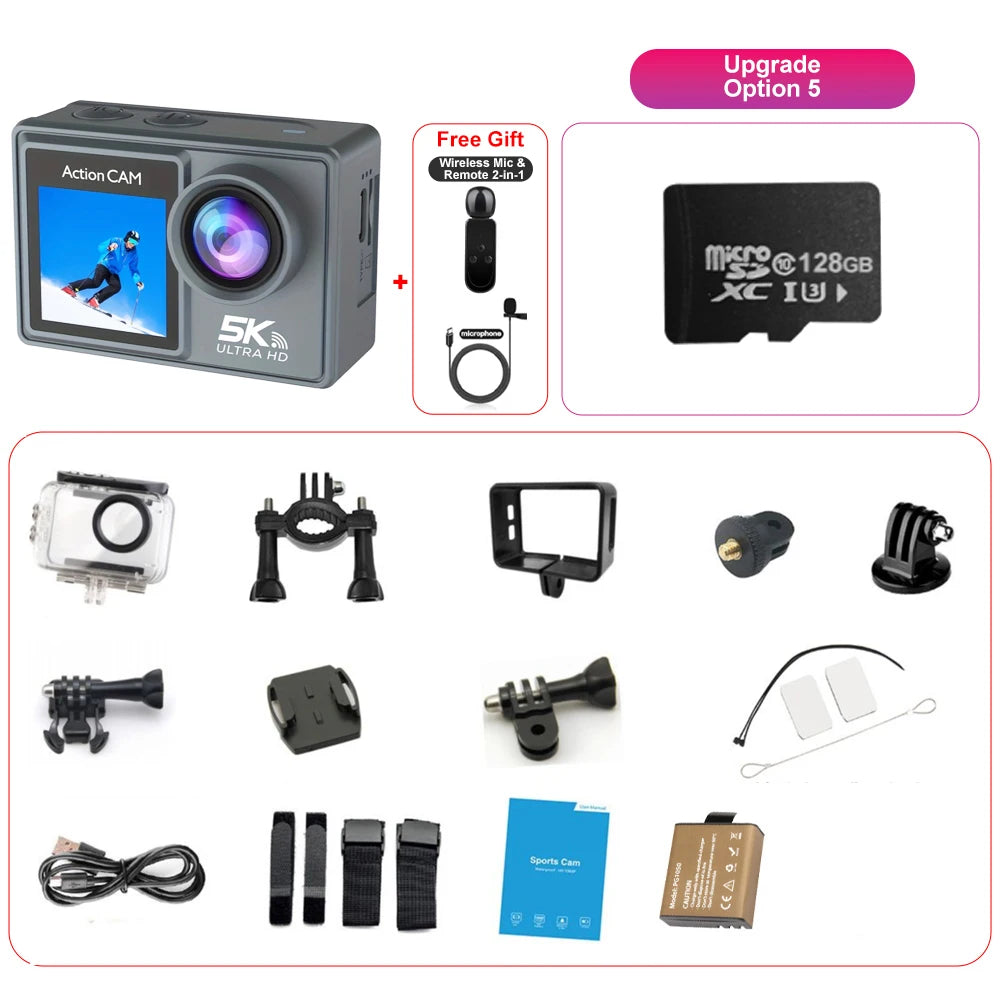 5K Action Camera 4K60FPS Dual IPS Touch LCD DVR EIS 170° 30M Waterproof 5X Zoom Sport Camera With Wireless Mic&Remote Control