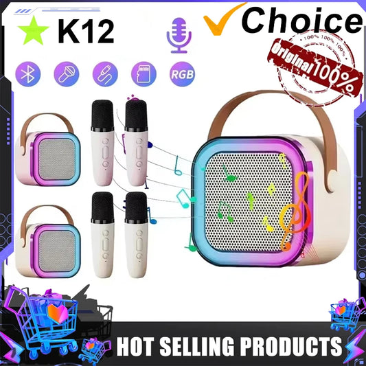 Bluetooth 5.3 K12 Karaoke Machine Portable PA Speaker System with 1-2 Wireless Microphones Home Family Singing Children's Gifts