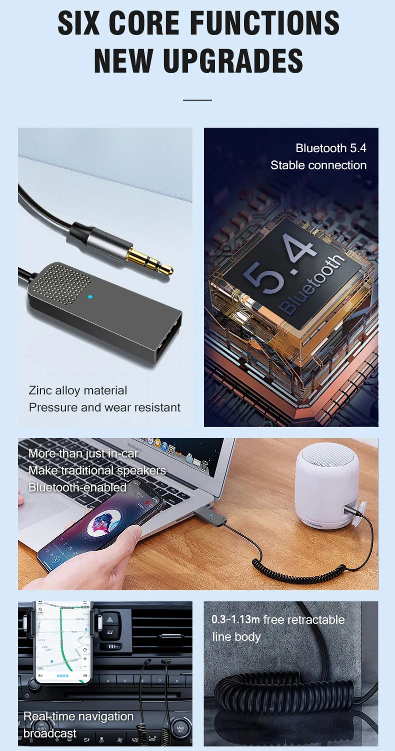 New Upgrades Bluetooth 5.4 Audio Receiver USB To 3.5mm AUX Car Wireless Music Adapter With HD MIC For Car Kit Wired Speaker