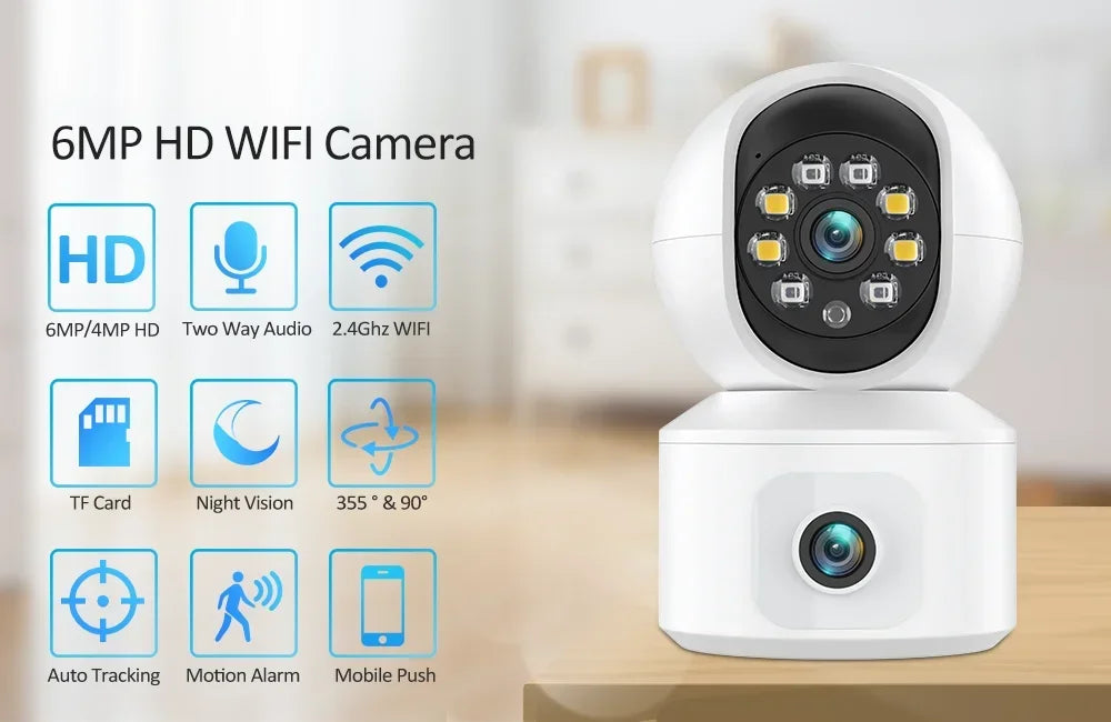 6MP WiFi IP Camera Dual Lens Dual Screen Baby Monitor Home Security Camera PTZ Auto Tracking CCTV Video Surveillance iCsee