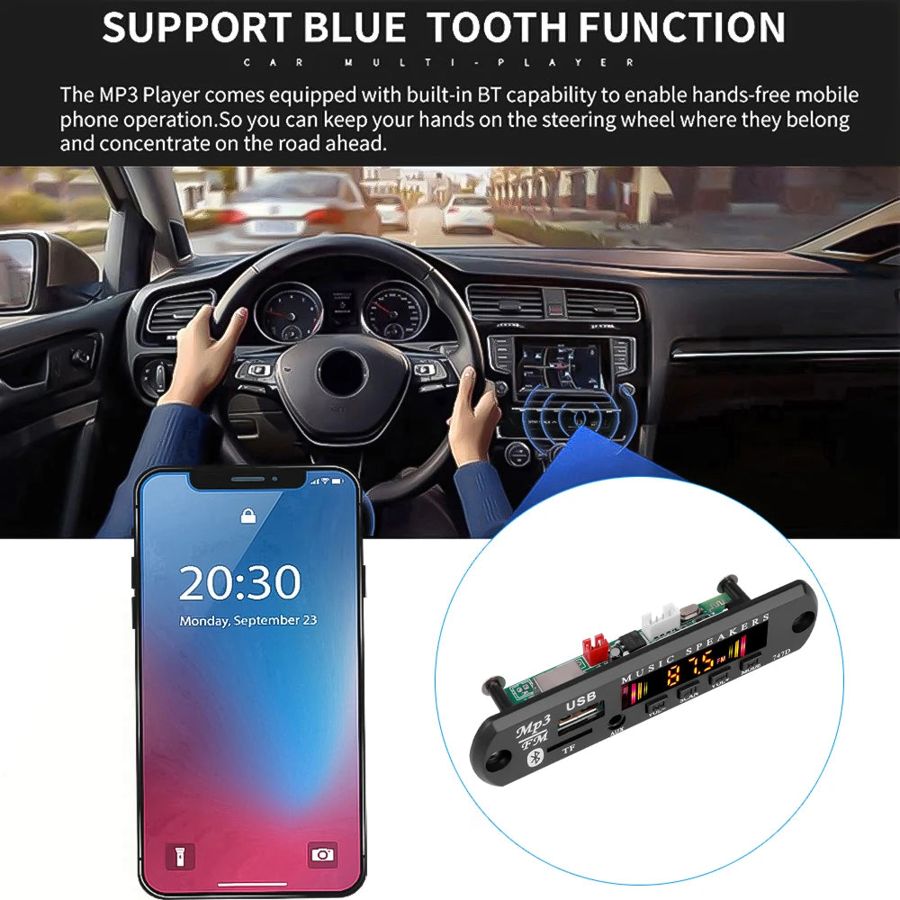 Bluetooth 5.0 MP3 WMA WAV Decoder Board DC 9V 12V Car Music Player USB Record FM Radio 3.5mm AUX for Speaker Handsfree Audio DIY