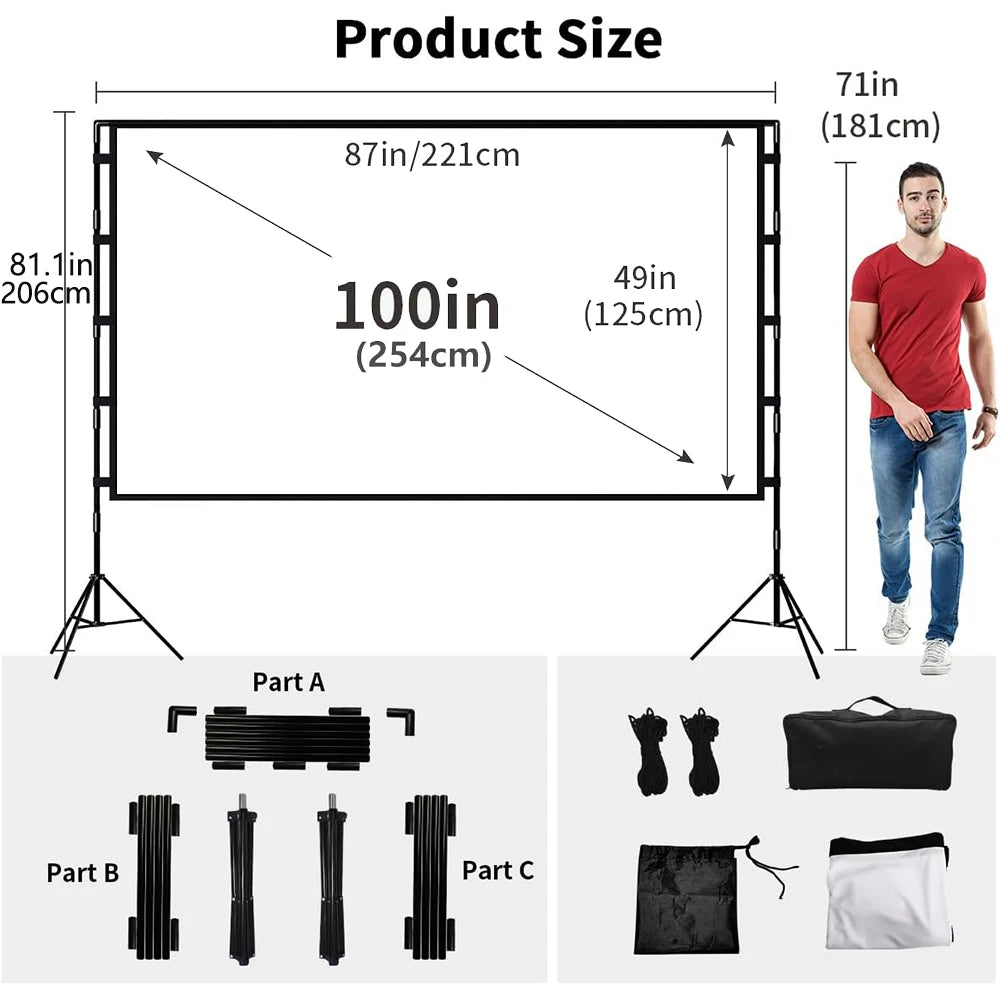 VEIDADZ Projector Screen With Stand Soft White Less Creases 60 84 100 120in With Carry Bag Foldable Double Tripod Screen Outdoor