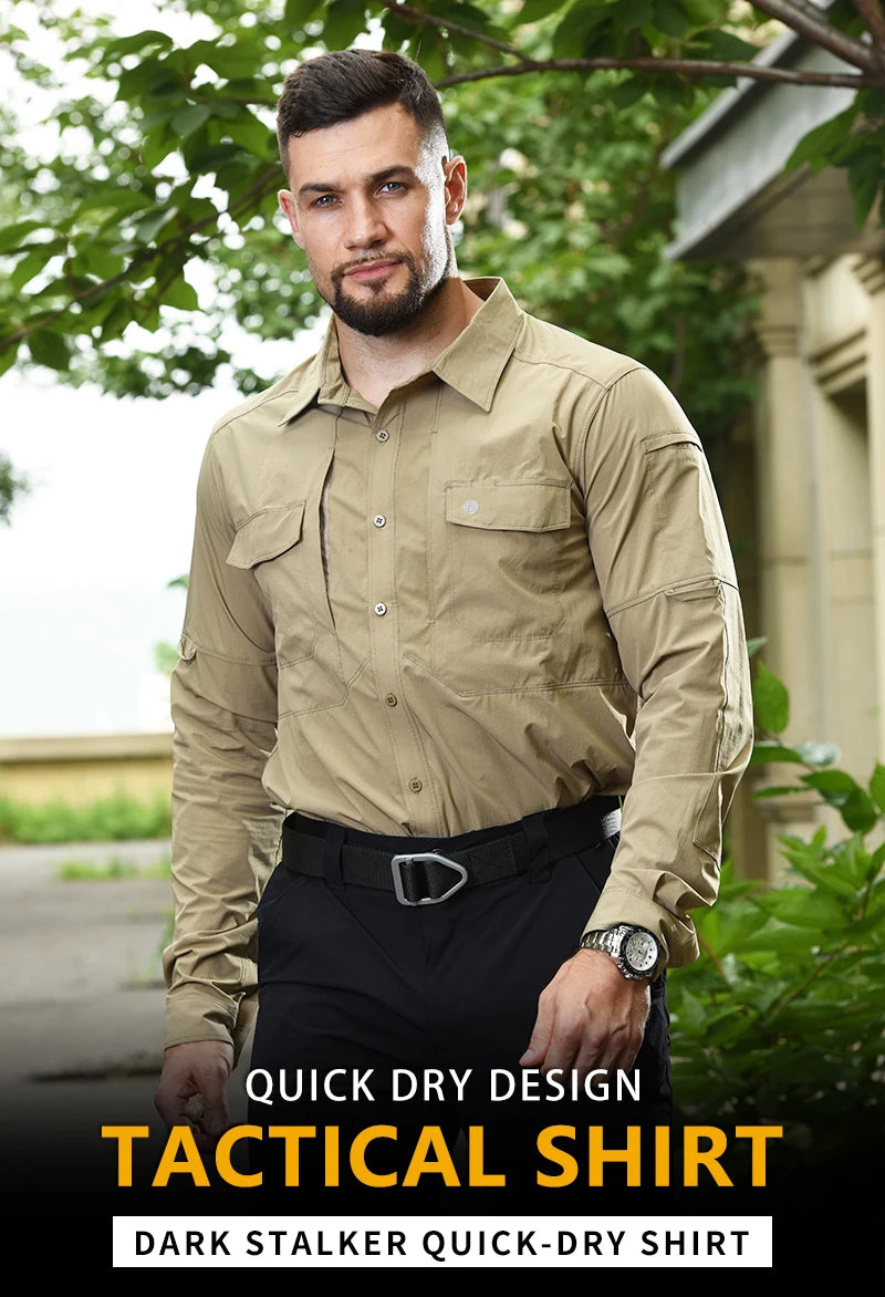 HAN WILD Summer Tactical Shirts Men's Breathable Long Sleeve Multi-Pockets Work Combat Cargo Shirts Quick Dry Camping Clothes