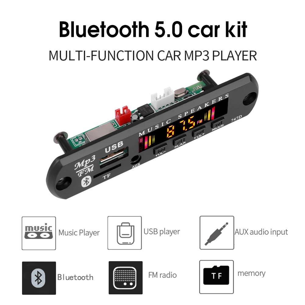 Bluetooth 5.0 MP3 WMA WAV Decoder Board DC 9V 12V Car Music Player USB Record FM Radio 3.5mm AUX for Speaker Handsfree Audio DIY