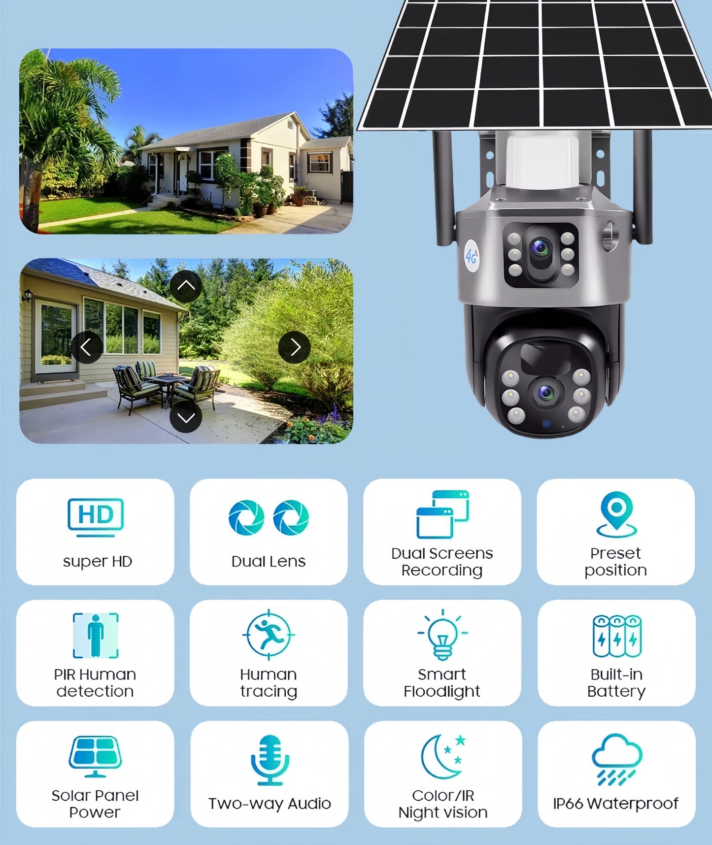 Dual Lens Solar 4G IP Camera 8MP 4K Wireless Surveillance Camera WiFi for Smart Home Night Vision with People Detection CCTV