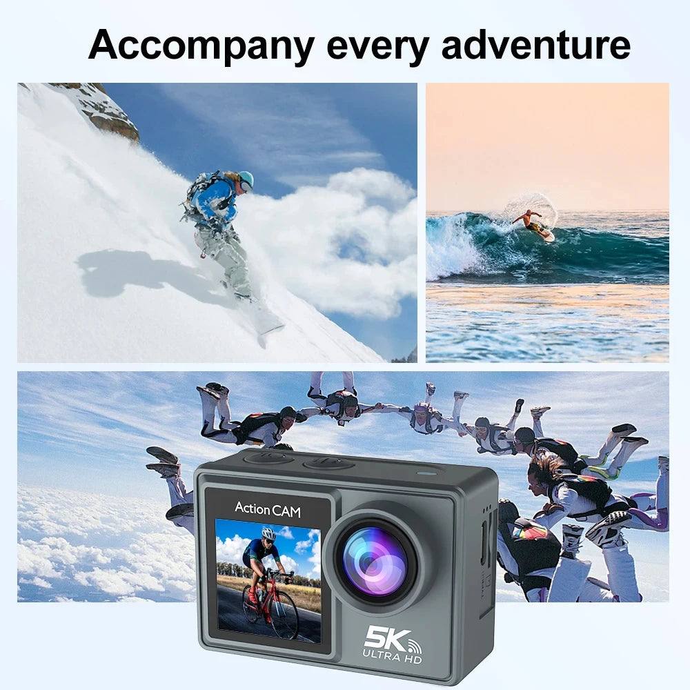 5K Action Camera 4K60FPS Dual IPS Touch LCD DVR EIS 170° 30M Waterproof 5X Zoom Sport Camera With Wireless Mic&Remote Control