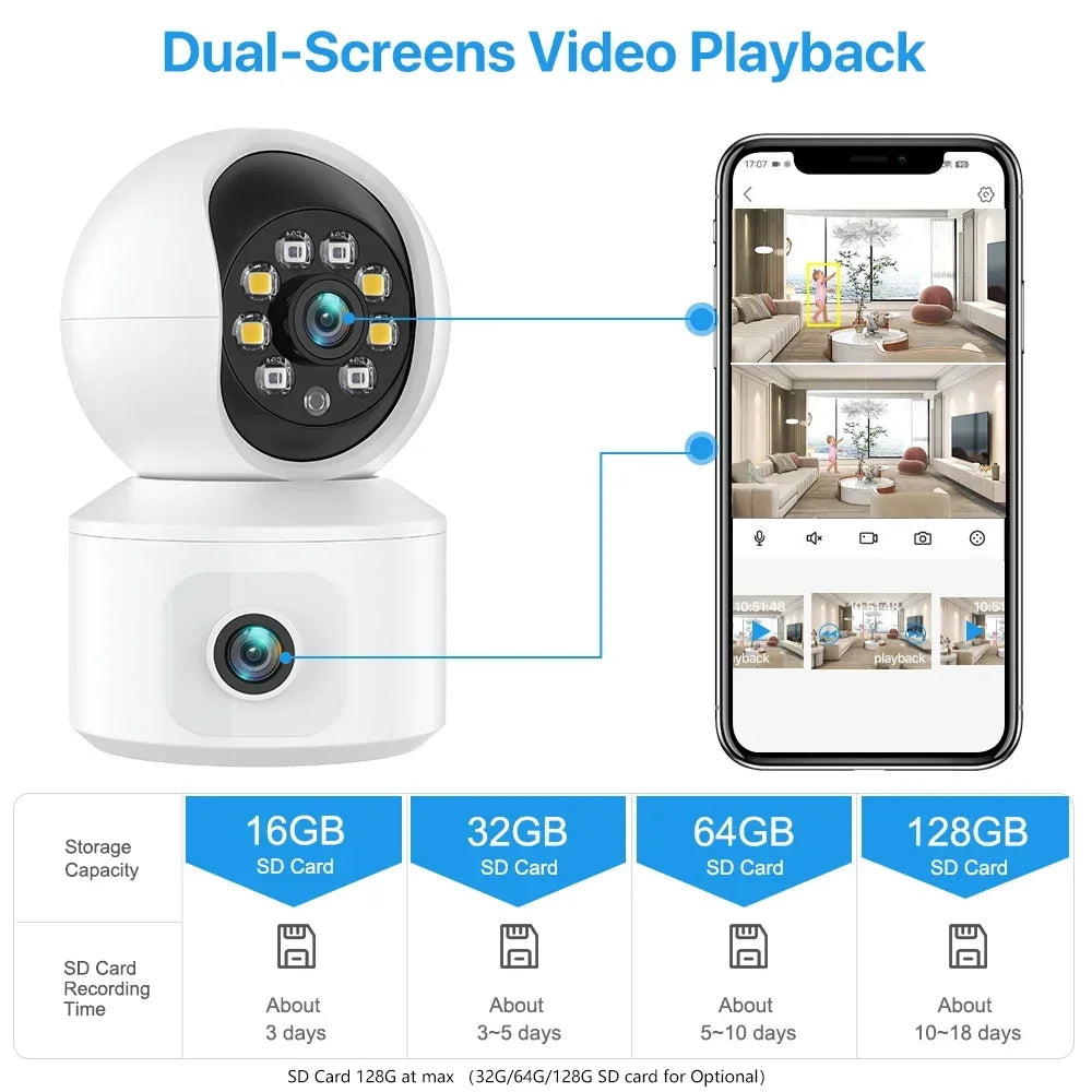6MP WiFi IP Camera Dual Lens Dual Screen Baby Monitor Home Security Camera PTZ Auto Tracking CCTV Video Surveillance iCsee