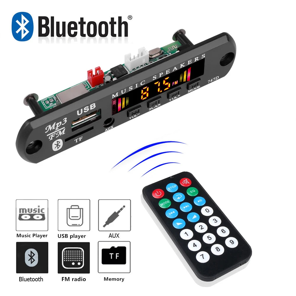 Bluetooth 5.0 MP3 WMA WAV Decoder Board DC 9V 12V Car Music Player USB Record FM Radio 3.5mm AUX for Speaker Handsfree Audio DIY