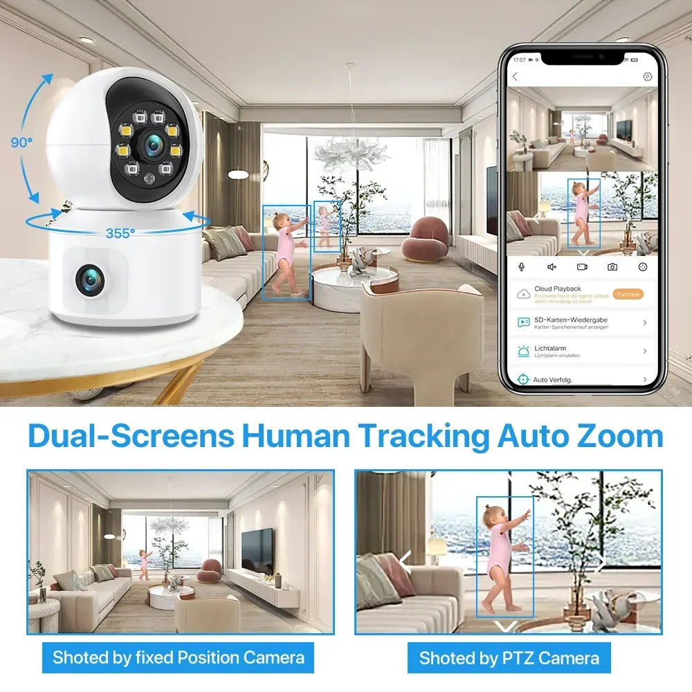 6MP WiFi IP Camera Dual Lens Dual Screen Baby Monitor Home Security Camera PTZ Auto Tracking CCTV Video Surveillance iCsee