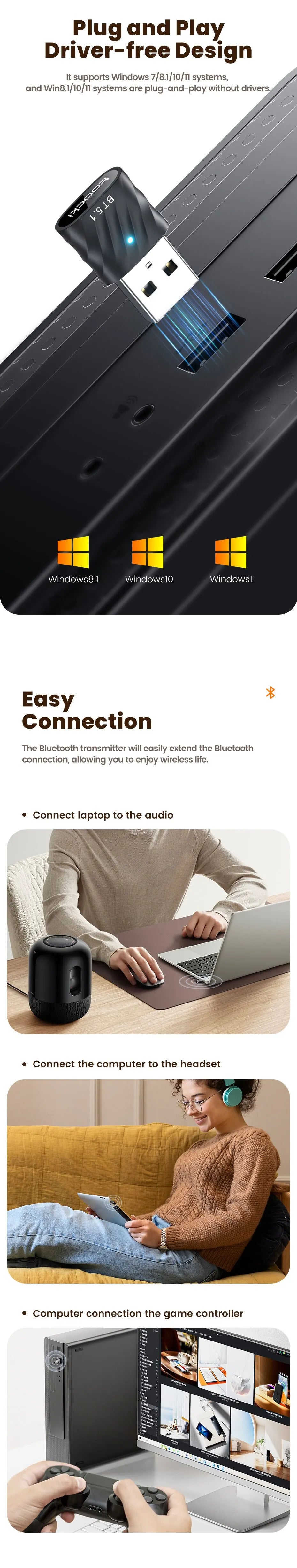 Toocki USB Bluetooth Adapter BT 5.1 Dongle Audio Receiver Speaker for PC Speaker Wireless Mouse Earphone Keyboard Music Transmit
