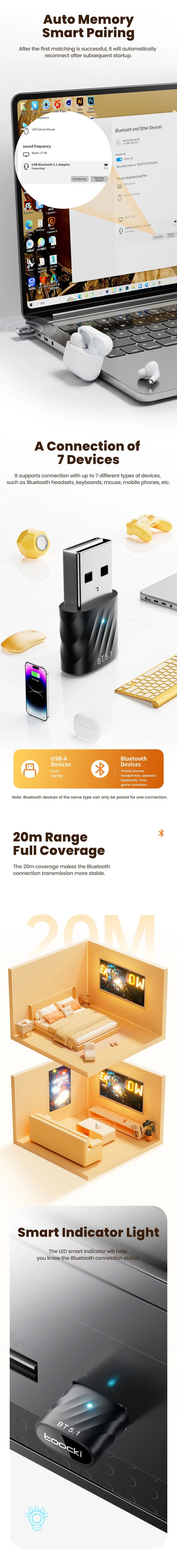 Toocki USB Bluetooth Adapter BT 5.1 Dongle Audio Receiver Speaker for PC Speaker Wireless Mouse Earphone Keyboard Music Transmit