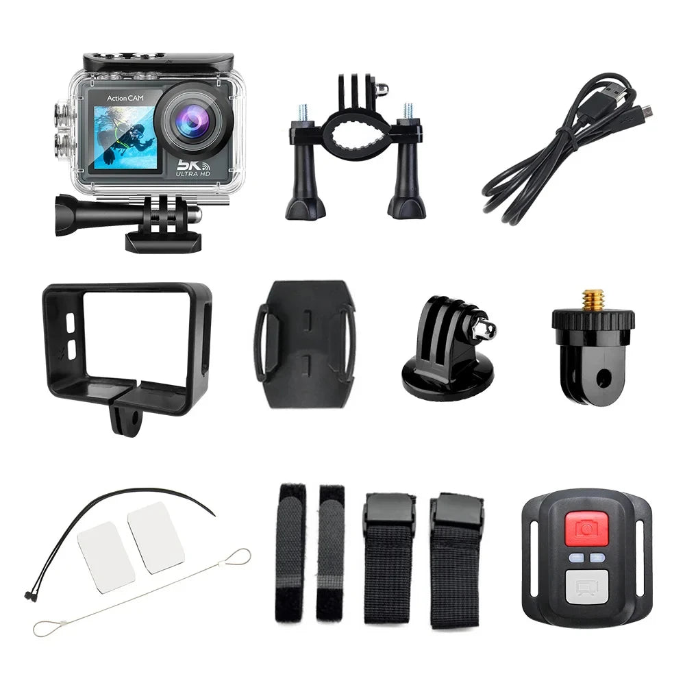 5K Action Camera 4K60FPS Dual IPS Touch LCD DVR EIS 170° 30M Waterproof 5X Zoom Sport Camera With Wireless Mic&Remote Control