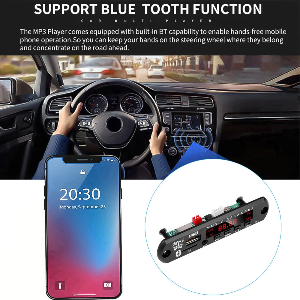 Bluetooth 5.0 MP3 WMA WAV Decoder Board DC 9V 12V Car Music Player USB Record FM Radio 3.5mm AUX for Speaker Handsfree Audio DIY