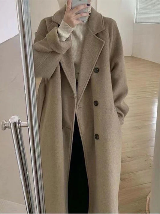 Winter Woolen Coat Women Thicken Long Jacket Casual Loose Fashion Windbreaker Outerwear Female Vintage Oversize Lapel Streetwear