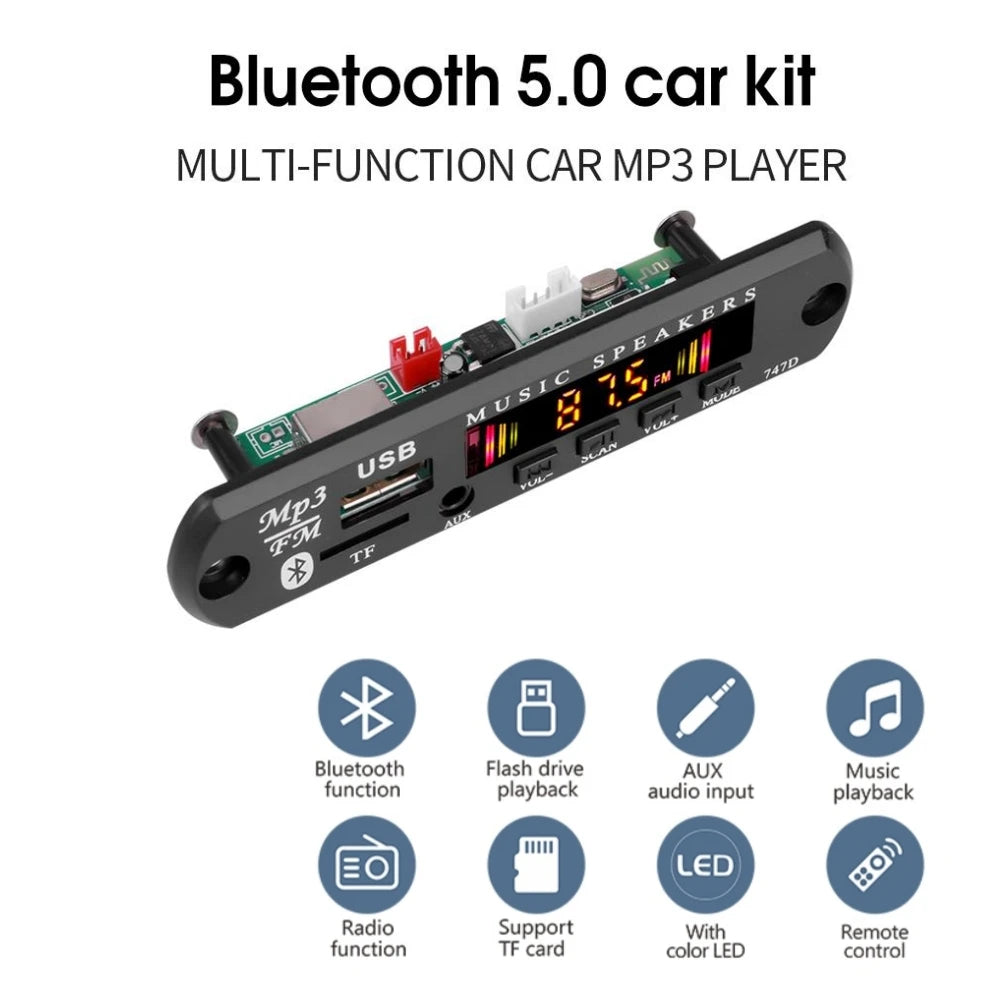 Bluetooth 5.0 MP3 WMA WAV Decoder Board DC 9V 12V Car Music Player USB Record FM Radio 3.5mm AUX for Speaker Handsfree Audio DIY