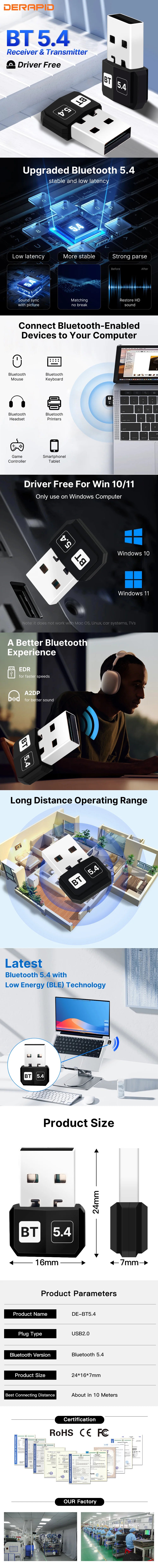 USB Bluetooth 5.4 Adapter Audio Dongle Adapter Mini USB Wireless Receiver/Transmitter For PC/Laptop Driver Free For Win10/11