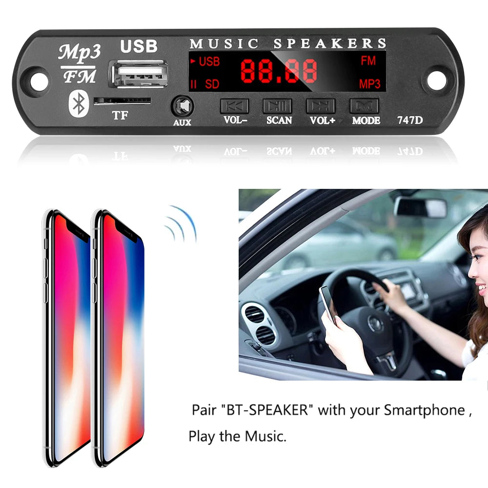 Bluetooth 5.0 MP3 WMA WAV Decoder Board DC 9V 12V Car Music Player USB Record FM Radio 3.5mm AUX for Speaker Handsfree Audio DIY