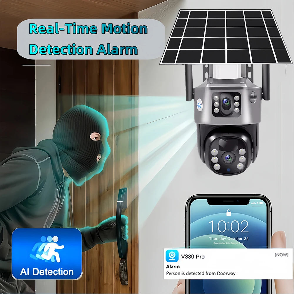 Dual Lens Solar 4G IP Camera 8MP 4K Wireless Surveillance Camera WiFi for Smart Home Night Vision with People Detection CCTV
