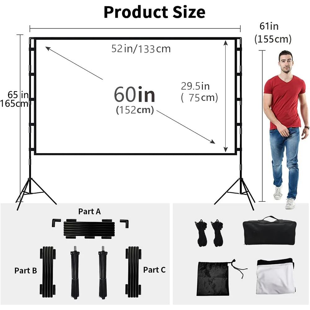 VEIDADZ Projector Screen With Stand Soft White Less Creases 60 84 100 120in With Carry Bag Foldable Double Tripod Screen Outdoor