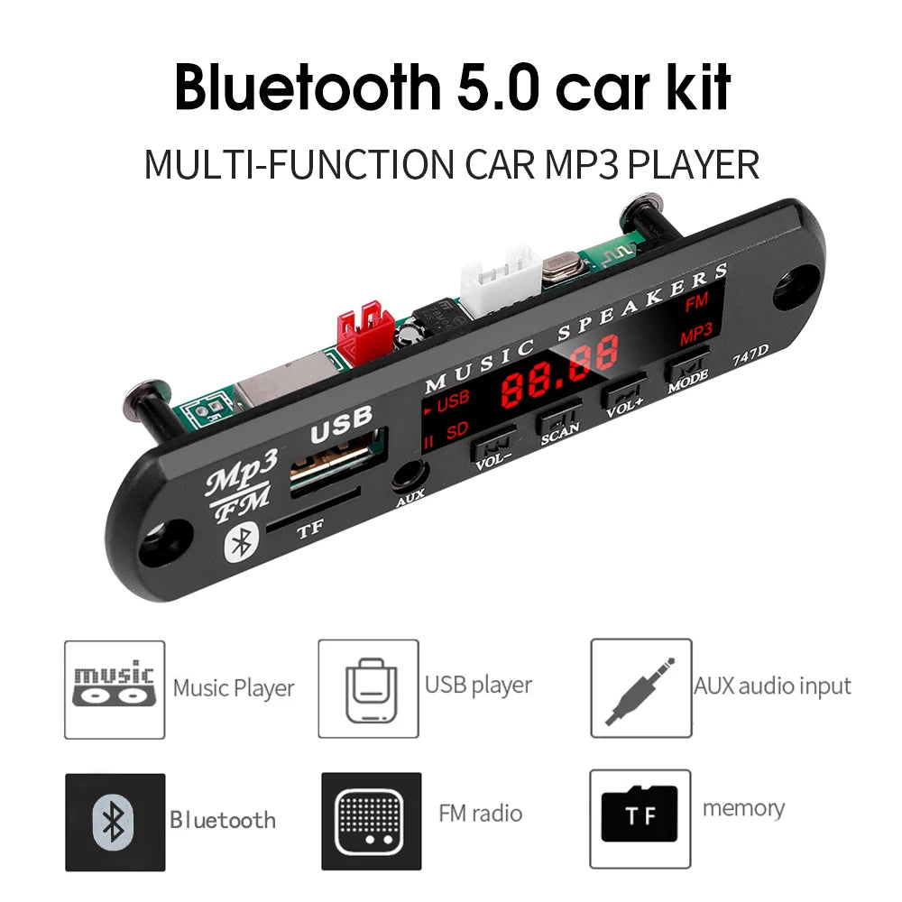 Bluetooth 5.0 MP3 WMA WAV Decoder Board DC 9V 12V Car Music Player USB Record FM Radio 3.5mm AUX for Speaker Handsfree Audio DIY