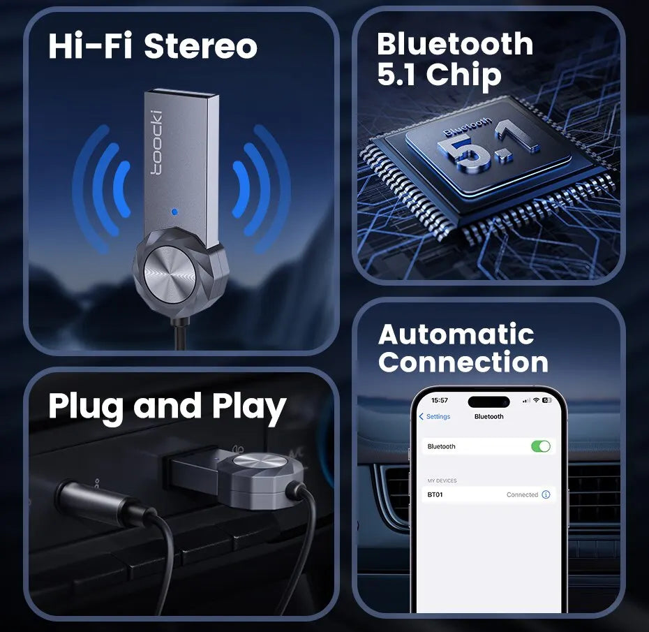 Toocki Bluetooth Car Adapter BT5.1 USB Audio Receiver Speaker For PC Speaker Wireless Mouse Earphone Keyboard Music Transmit