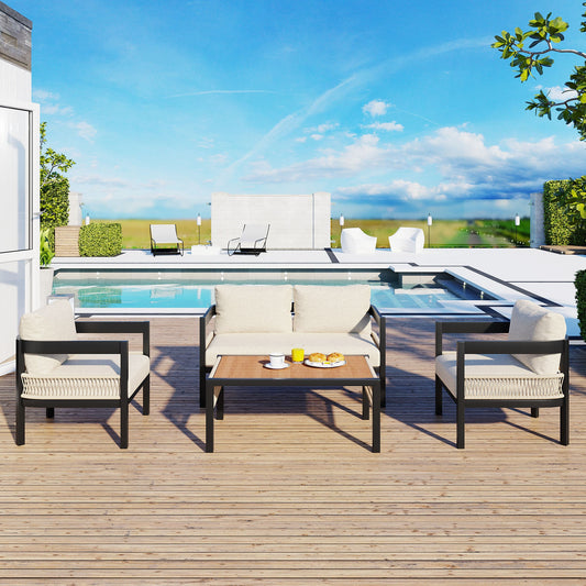 Multi-person Outdoor Iron Sofa Set with A table, Rattan Decoration,