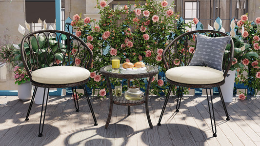 Outdoor Leisure Set, 2 Rattan Single Chairs with A Glass Round Table,